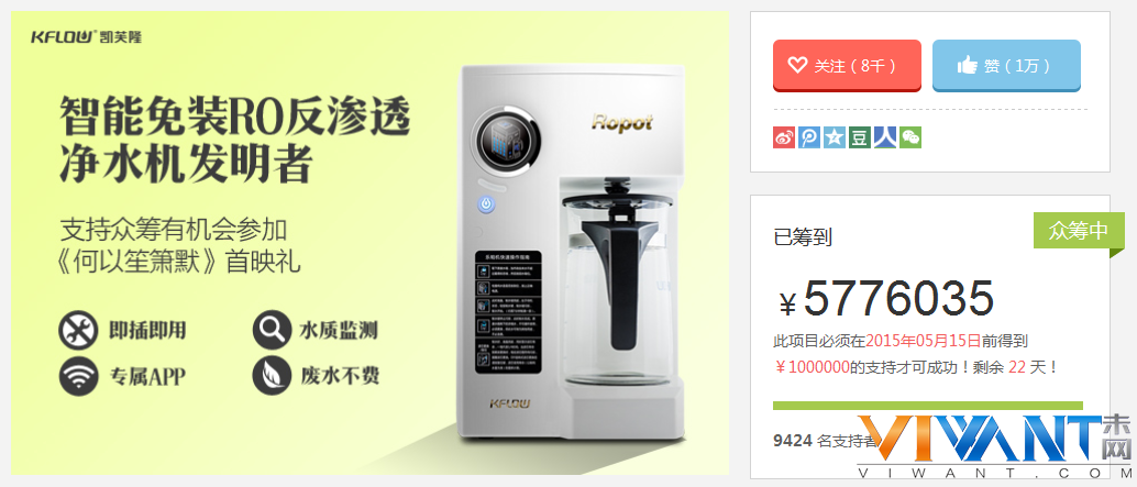 智能饮水神器 凯芙隆乐帕众筹一周破500万 