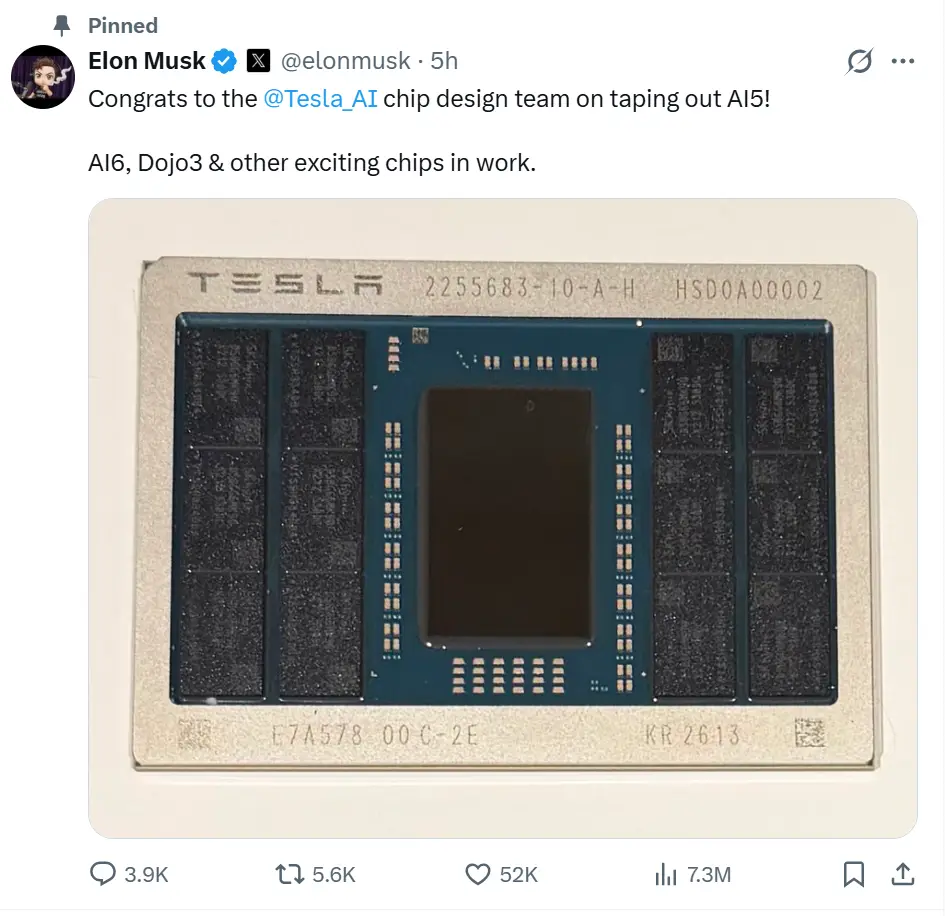 性能暴涨40倍 马斯克爆特斯拉AI5芯片流片成功! -1 性能暴涨40倍 马斯克爆特斯拉AI5芯片流片成功! -1